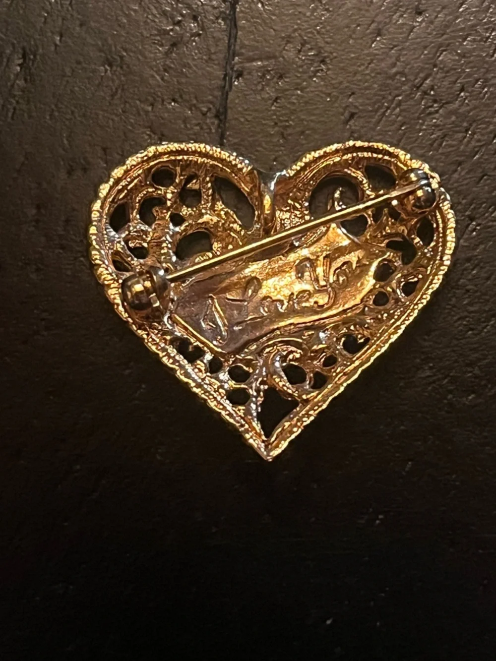 Avon Gold Tone Heart Brooch or Pendant with Pink Enamel and Green Accents